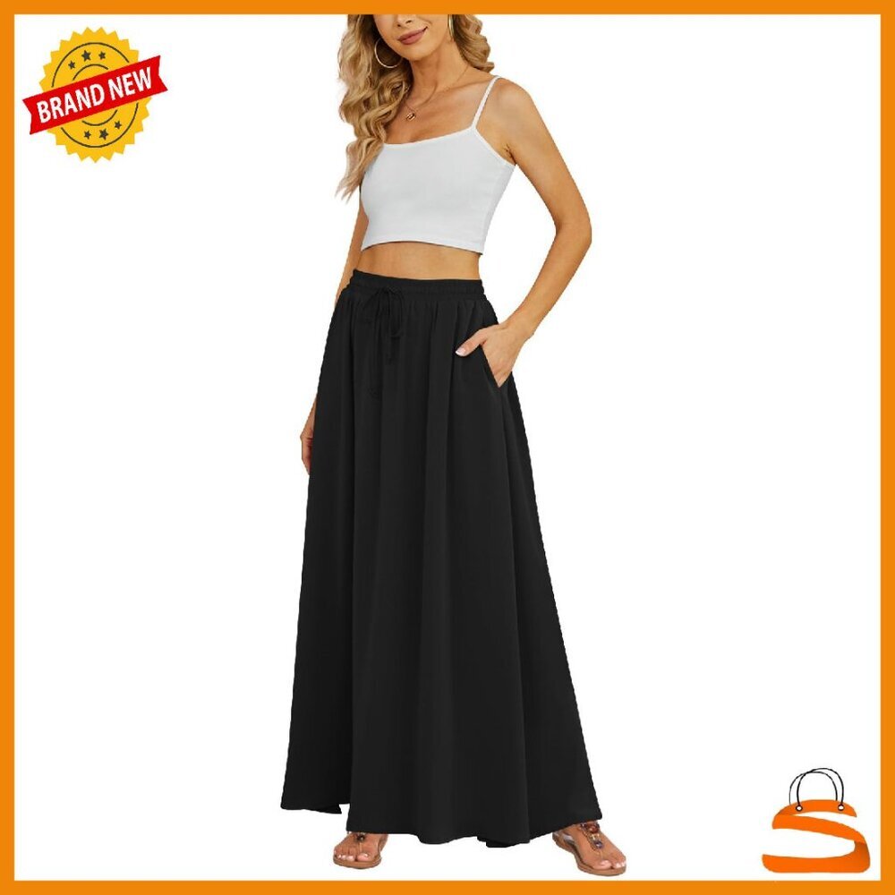 Flowy Maxi Skirt with Pockets, Pleated High Waist, Chiffon Material